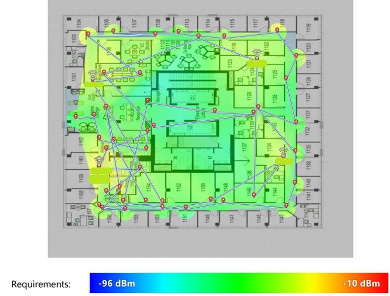 WiFi Heatmap showing spots with strong and weak coverage areas of WiFi coverage